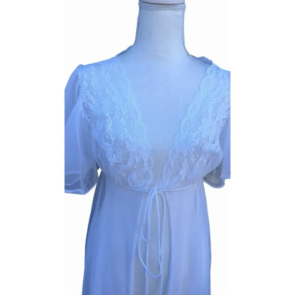 Vintage Vale Mode Sheer Lace Robe White Bridal Lingerie Nylon USA Small